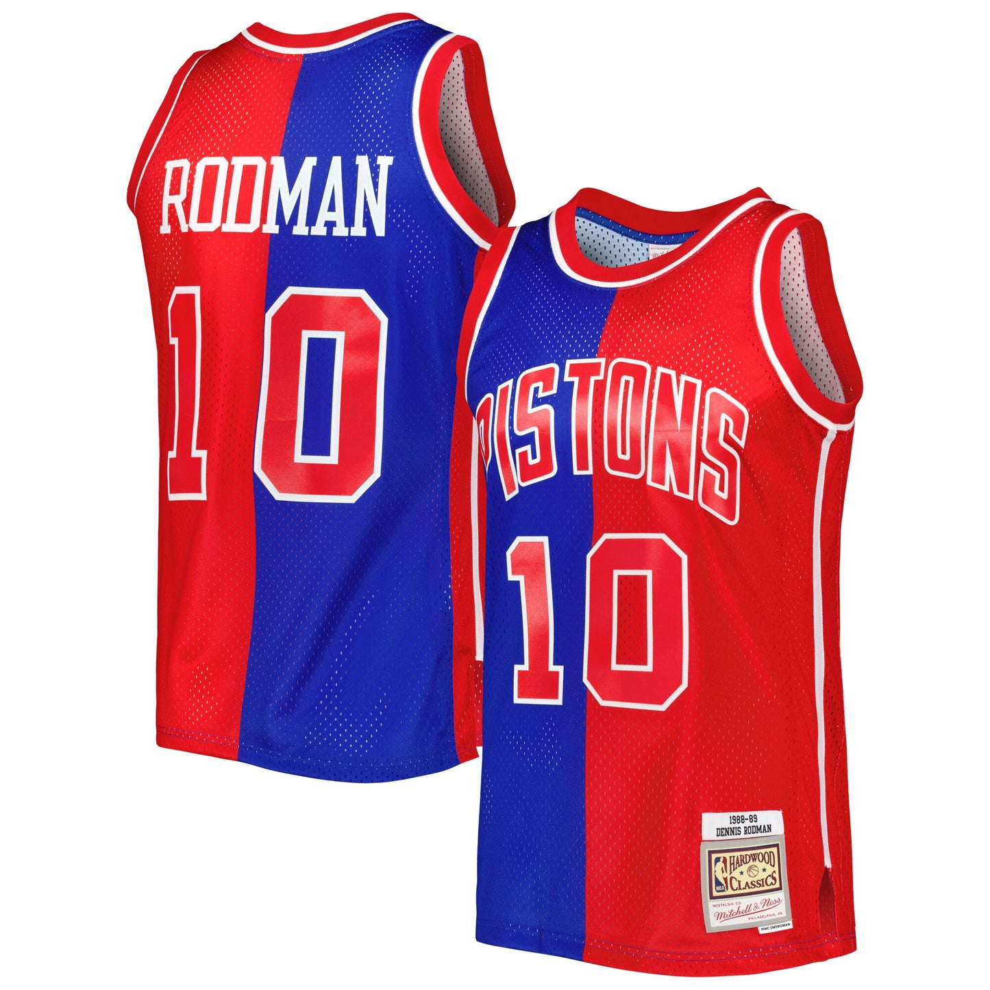 Dennis Rodman Detroit Pistons Mitchell & Ness Hardwood Classics 1988/89 Split Swingman Jersey - Blue/Red
